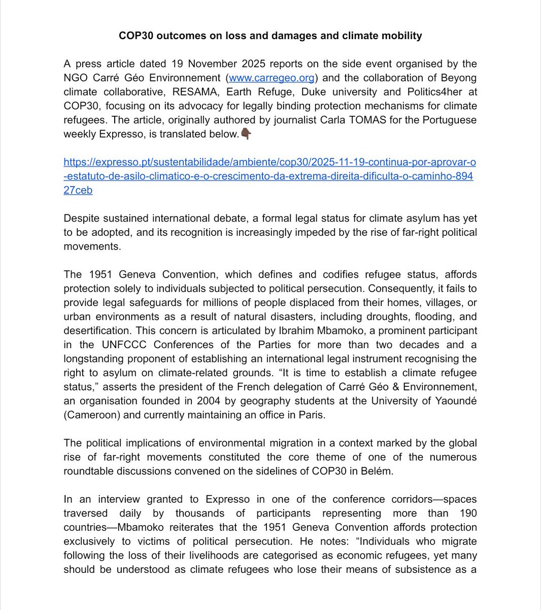 IbrahimMBAMOKO's tweet photo. A press article dated 19/11/2025 on the side event of @CarregeoEnv  at @Cop30noBrasil, on its advocacy for legally binding protection mechanisms for climate refugees. The article, originally authored by journalist Carla TOMAS of @expresso, translated below.👇🏿 https://t.co/OBHjgOdS30