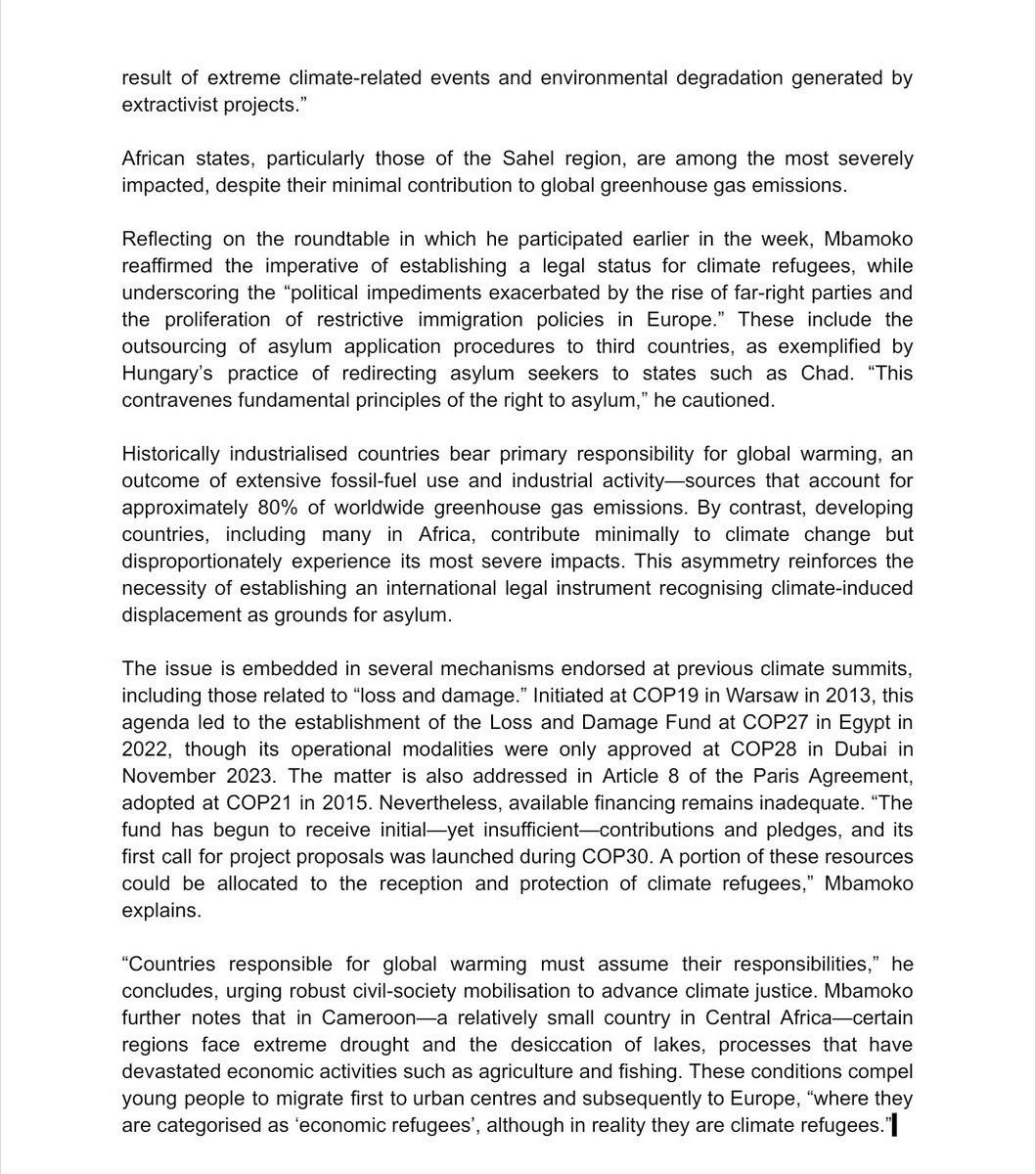 IbrahimMBAMOKO's tweet photo. A press article dated 19/11/2025 on the side event of @CarregeoEnv  at @Cop30noBrasil, on its advocacy for legally binding protection mechanisms for climate refugees. The article, originally authored by journalist Carla TOMAS of @expresso, translated below.👇🏿 https://t.co/OBHjgOdS30