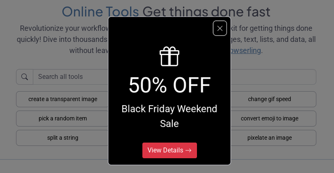 pkrumins's tweet image. Black Friday Weekend Sale is STILL ON at onlinetools.com.

All day, all subscriptions, 50% OFF! 💵

Don't miss out on massive savings!

#BlackFriday #BlackFridaySale #BlackFridayDeal #Sale #Discount #CyberWeekend #Deals #Savings #BlackFriday2025 #BlackFriday2026 #Friday