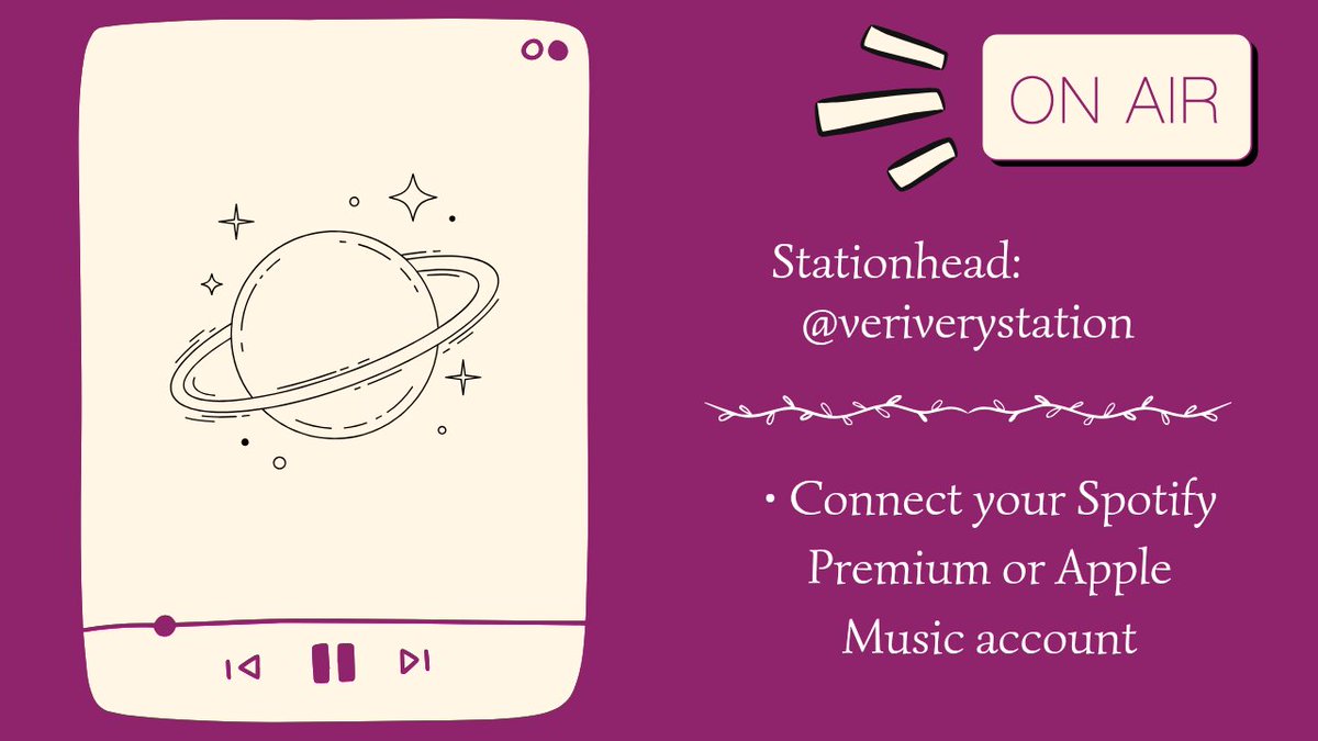 VeriveryStation's tweet photo. [  📻  ]
The station is ON AIR!
Join the VERIVERY station on STATIONHEAD!💜

1- Create an account with your email
2- Connect your Spotify Premium or Apple Music account
3- Follow the station and join our streaming parties!
https://t.co/O5oSZ5msR6

#VERIVERY #베리베리 #veristation https://t.co/t03kWemGYe