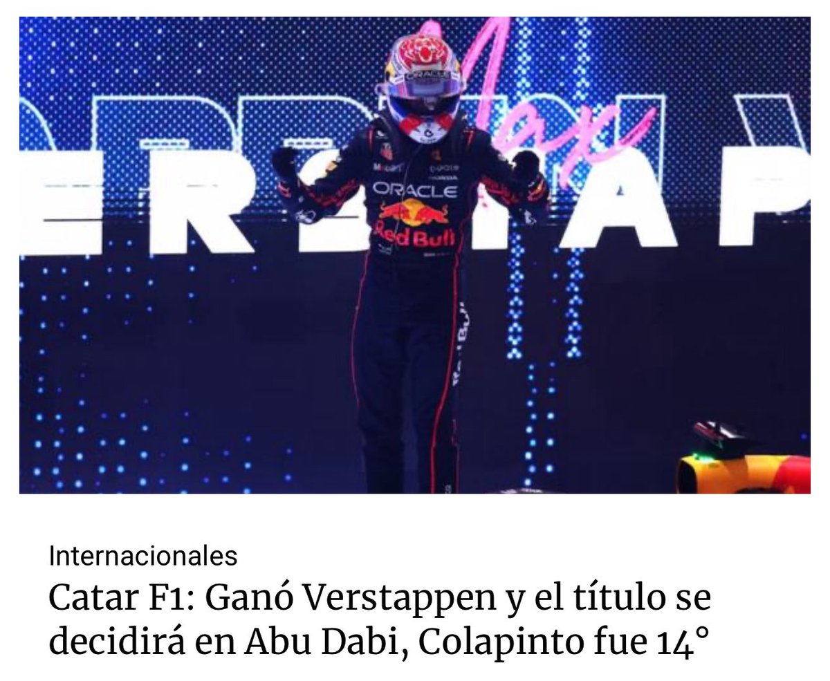 Cadena3Motor's tweet image. ⚠️ @F1 
➡️ #Round23 🇶🇦 #QatarGP  

Catar F1: Ganó Verstappen y el título se decidirá en Abu Dabi, Colapinto fue 14°. 

Los detalles aquí👇

cadena3.com/noticia/desde-…

Seguí @Cadena3Motor 
Te lo cuenta desde Brasil a cada momento
🎙️📲💻 @Cadena3Com