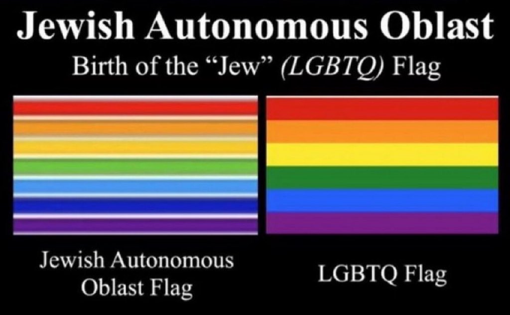 Truthtellerftm's tweet image. Recall the flag of the Jewish Autonomous Oblast created in 1934 while Russia was occupied by judeo-bolsheviks!
