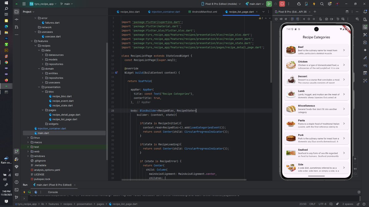 MikeDeDev's tweet image. This week I switched gears to Flutter
Spent time practicing API calls and getting familiar with Flutter’s clean architecture and Widget.
Built a simple app to display meals using. themealdb.com
Learning a lot and excited to keep going
#Flutter #AndroidDev #BuildInPublic