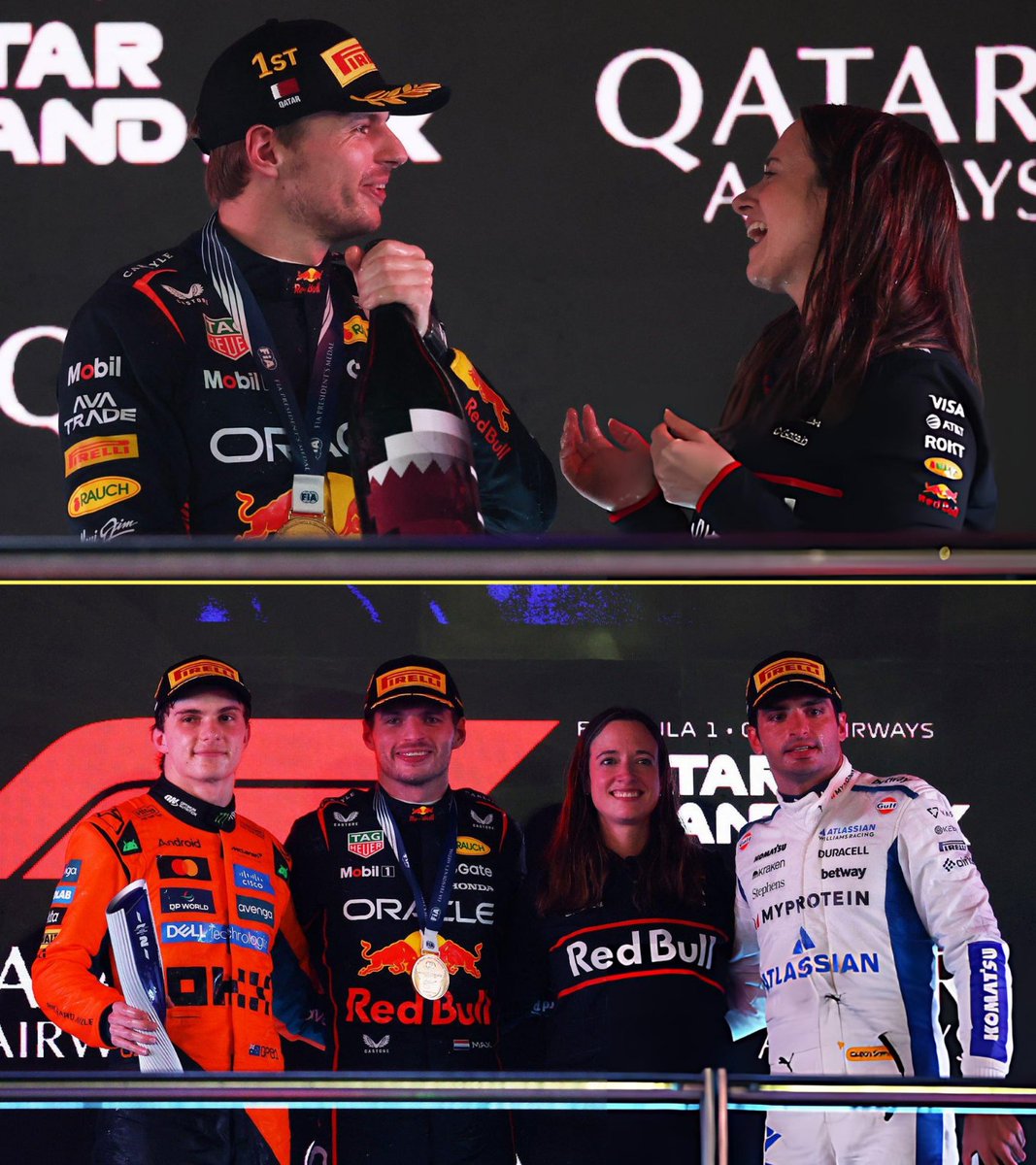 f1speed_indo's tweet photo. Max Verstappen raih kemenangan di GP Qatar berkat strategi jitu dari tim Red Bull yang dikomado oleh Hannah Schmitz.

Di podium, mbak Hannah diberi panggung apresiasi sebagai representatif tim bersama Verstappen 👏👏👏 https://t.co/4GCAPM8a64