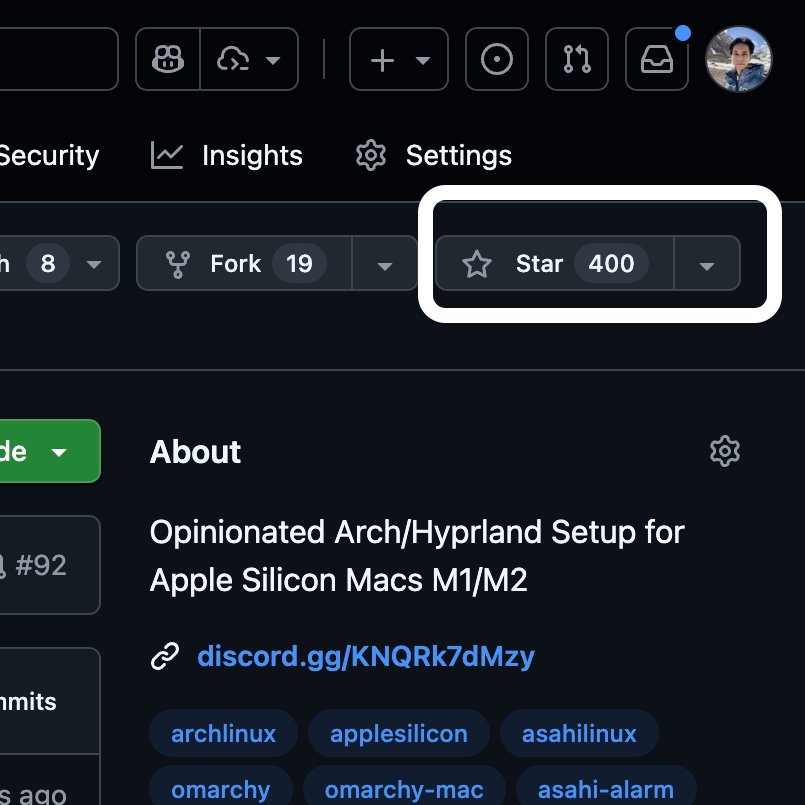 tiredkebab's tweet image. #OmarchyMac crossed 400 Stars on GitHub! 🎉

@dhh @OmarchyLinux #Omarchy @AsahiLinux