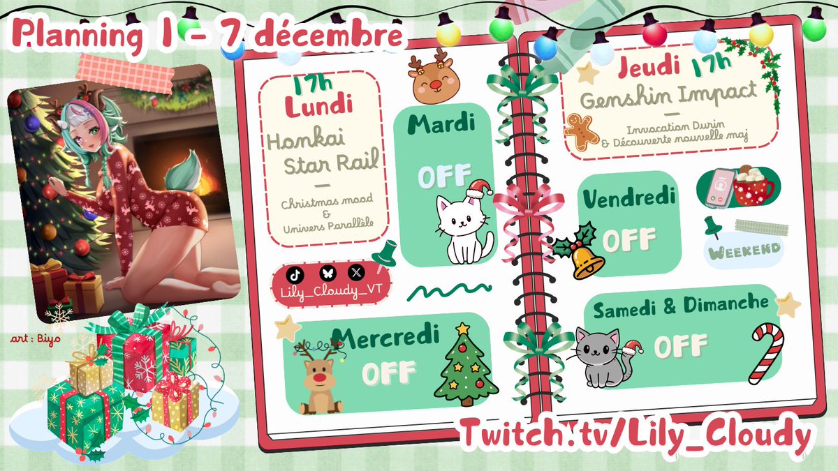 Lily_Cloudy_VT's tweet image. 💫Planning du 1 au 7 décembre !! 🫶

💜Lundi : Christmas suprise &amp;amp; HSR
💙Jeudi : Duuuurin a la maison🙏
💚Samedi : ValoGirls chez @Sayarhe_ 

à demain sur Twitch 🎈
twitch.tv/lily_cloudy

art : @biyo_art 
#vtuber #vtuberFR
