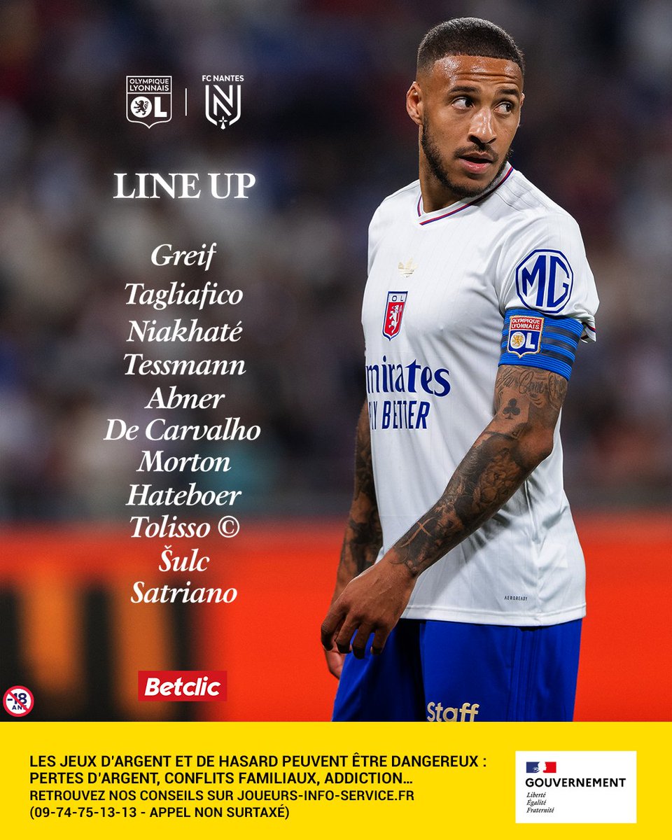 OL's tweet image. 🦁 Notre 𝗫𝗜 𝗱𝗲 𝗱𝗲́𝗽𝗮𝗿𝘁 pour affronter le FC Nantes 👊🔴🔵

#OLFCN