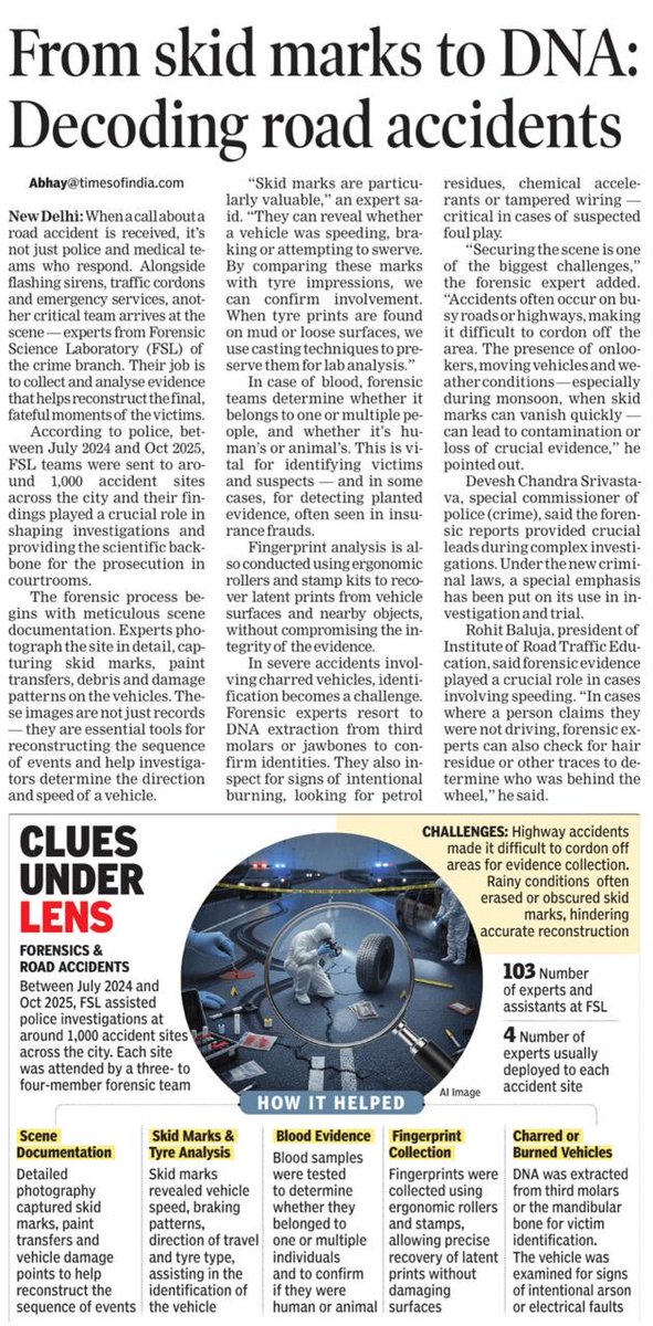 abhaytoi's tweet image. When a road accident is reported, it&apos;s not just police &amp;amp; medical teams rushing in. Another crucial unit arrives too — the #Forensic Science Laboratory (FSL). Their job: decode the final moments before the crash.