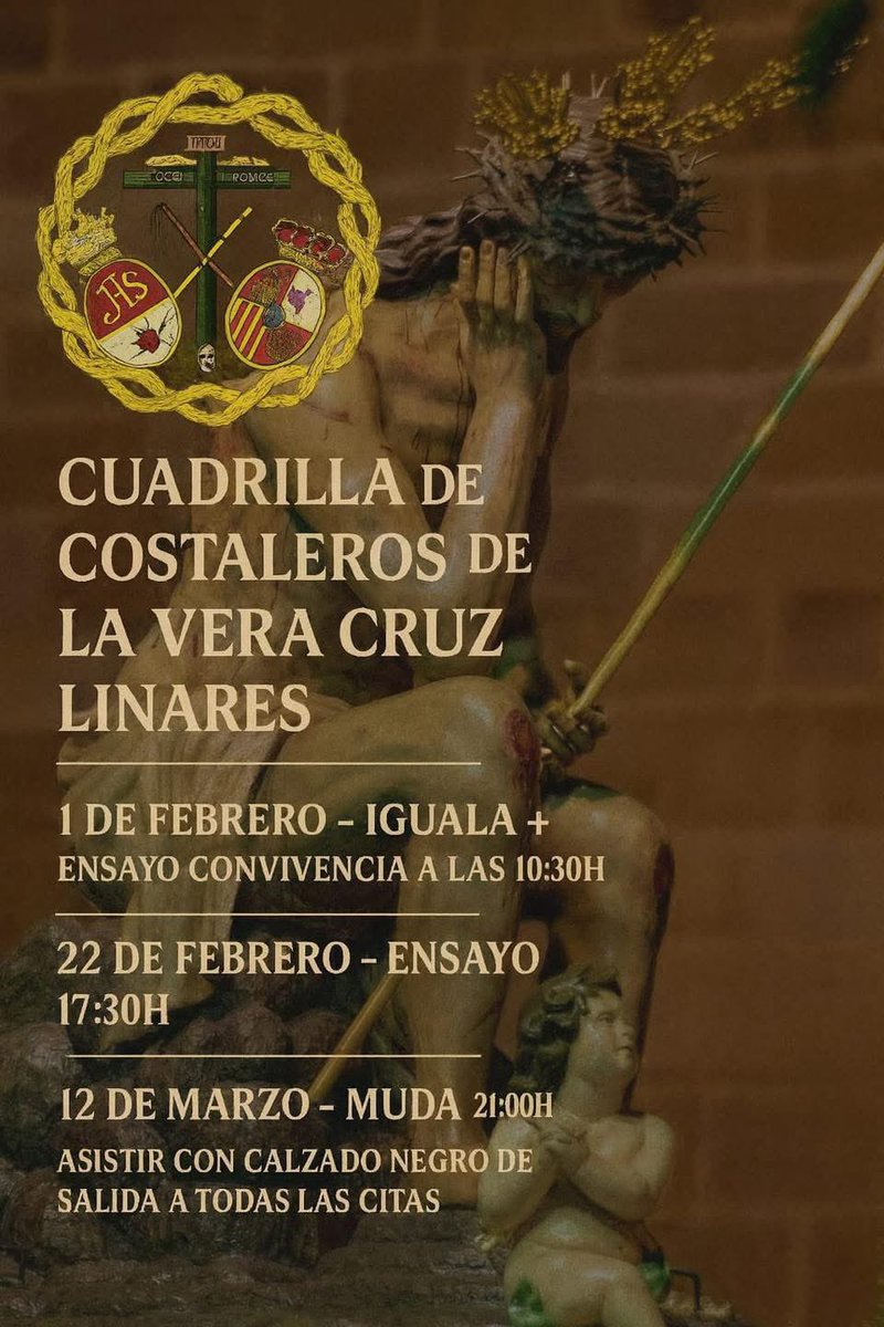 🟢 CUADRILLA DE COSTALEROS DE LA VERA CRUZ • LINARES

A continuación se muestra el calendario de ensayos de la Cuadrilla de Costaleros para Ntro. Padre Jesús de la Humildad de cara a la próxima Estación de Penitencia.

#VeraCruzLinares