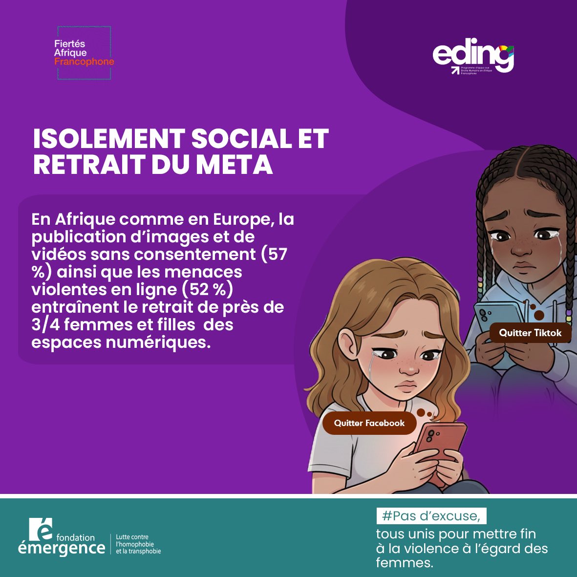 FierteAfrique's tweet photo. hen fear sets in, expression fades. Let’s defend a digital space where every woman can stay, speak out, and shine.
#NoExcuses
#16DaysOfActivism
📢 Let’s unite to end violence against women.
@FierteAfrique 
@fondemergence https://t.co/k3xDPm0jvy