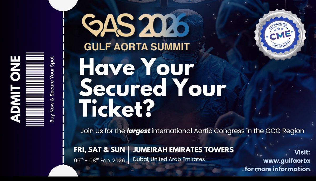 EdiAorticSummit's tweet photo. Secure your seat at GAS 2026 – Gulf Aorta Summit, the largest international aortic congress in the GCC region.
Join leading experts for three days of cutting-edge insights, CME-accredited sessions, and world-class networking.
📍 Jumeirah Emirates Towers, Dubai
📅 06–08 February 2026
🔗 Register now at https://t.co/OhYCarrSIO @GulfAorta