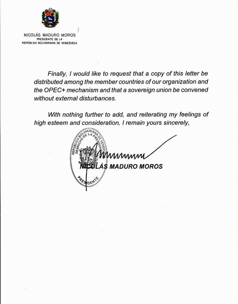 telesurenglish's tweet image. Venezuela denounces, through a letter sent by President Nicolás Maduro to the Secretary General of OPEC and to the member countries of OPEC and OPEC Plus, that the United States intends to seize the vast oil reserves of our country, the largest in the world, through the use of…