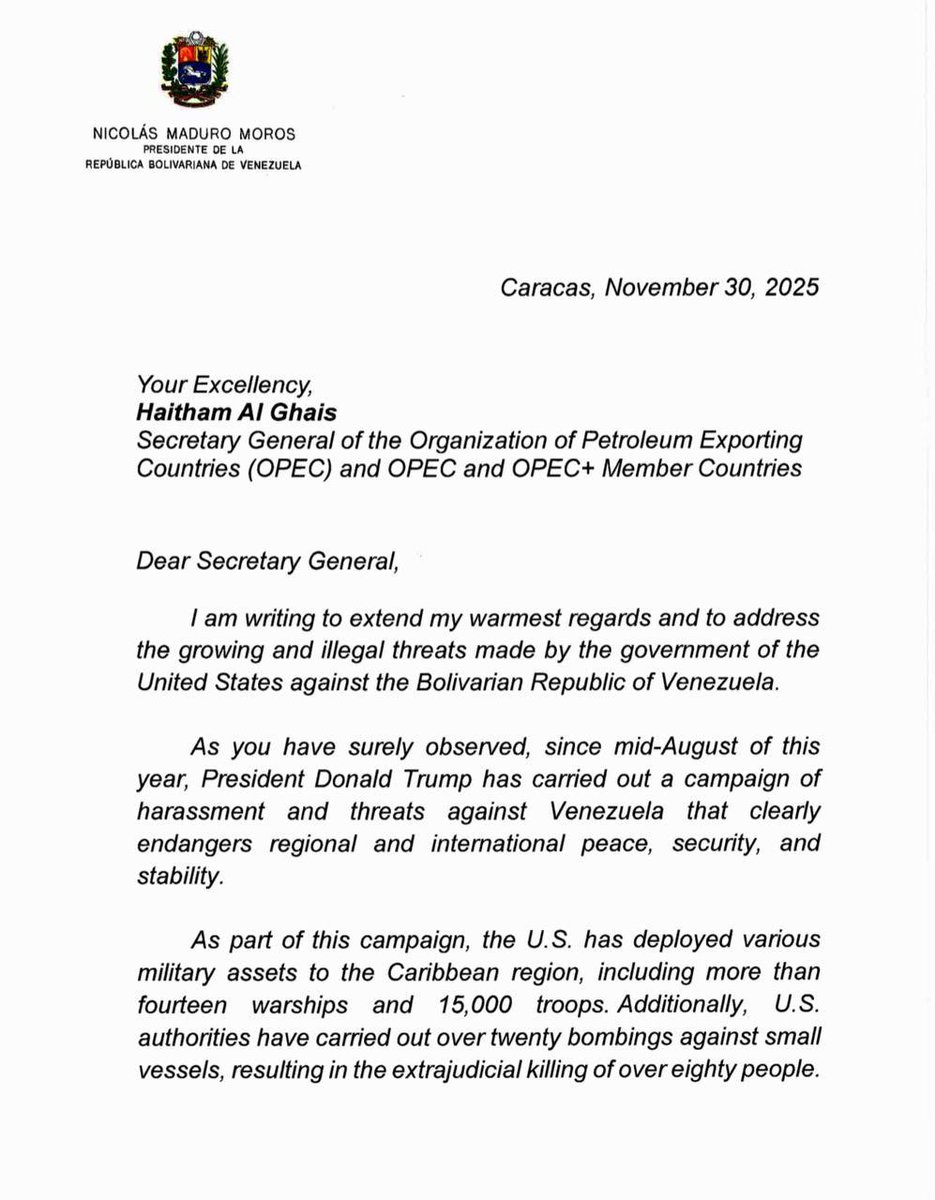 telesurenglish's tweet image. Venezuela denounces, through a letter sent by President Nicolás Maduro to the Secretary General of OPEC and to the member countries of OPEC and OPEC Plus, that the United States intends to seize the vast oil reserves of our country, the largest in the world, through the use of…