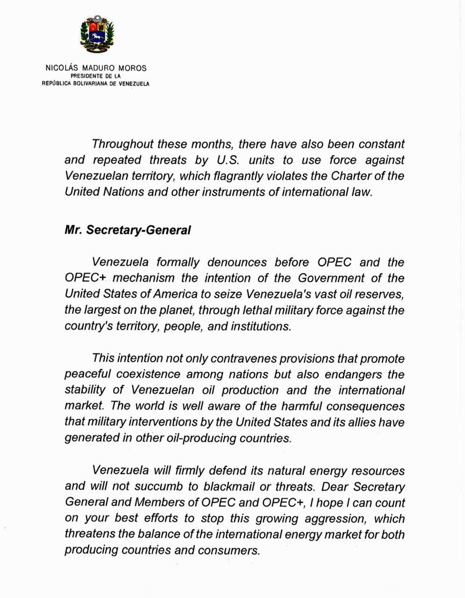 telesurenglish's tweet image. Venezuela denounces, through a letter sent by President Nicolás Maduro to the Secretary General of OPEC and to the member countries of OPEC and OPEC Plus, that the United States intends to seize the vast oil reserves of our country, the largest in the world, through the use of…