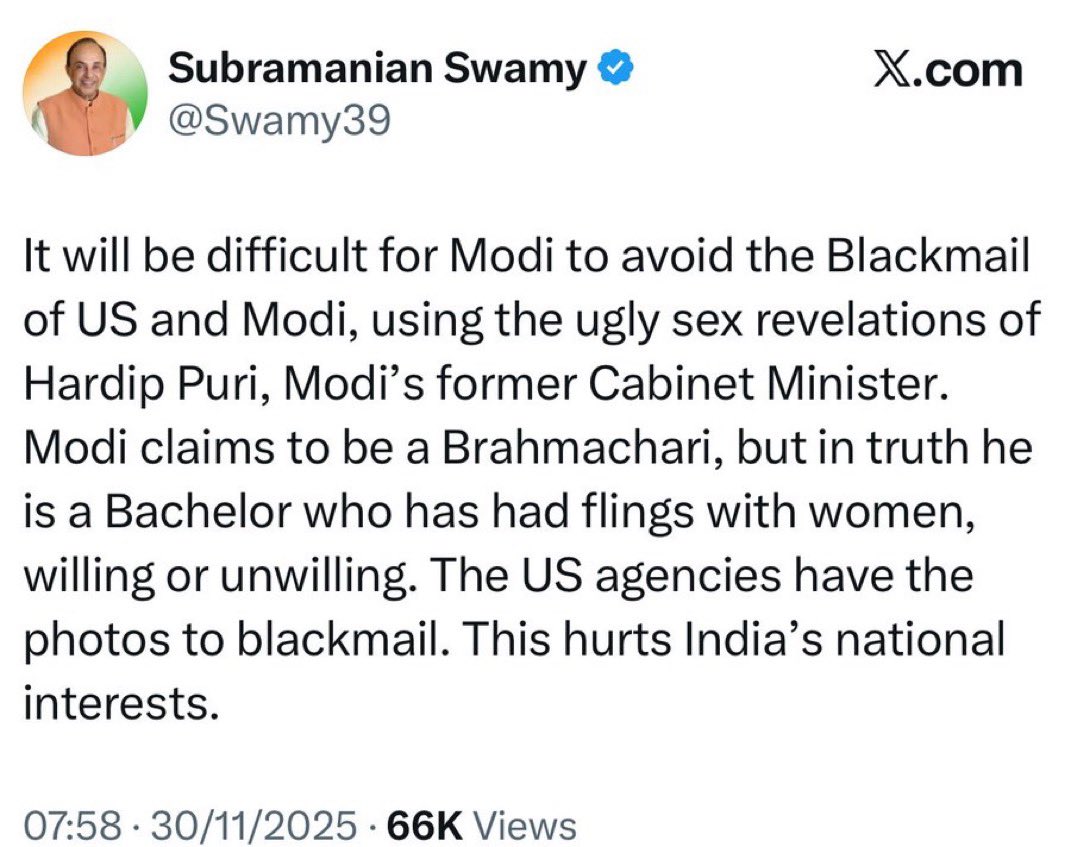 Woke up today to discover that Swamy ji deleted his post a couple of hours after I posted this. Many of you kept asking what the original post was. 😂

I can’t believe he has been transformed into a two-bit gossip mongering troll. What a huge fall from grace.