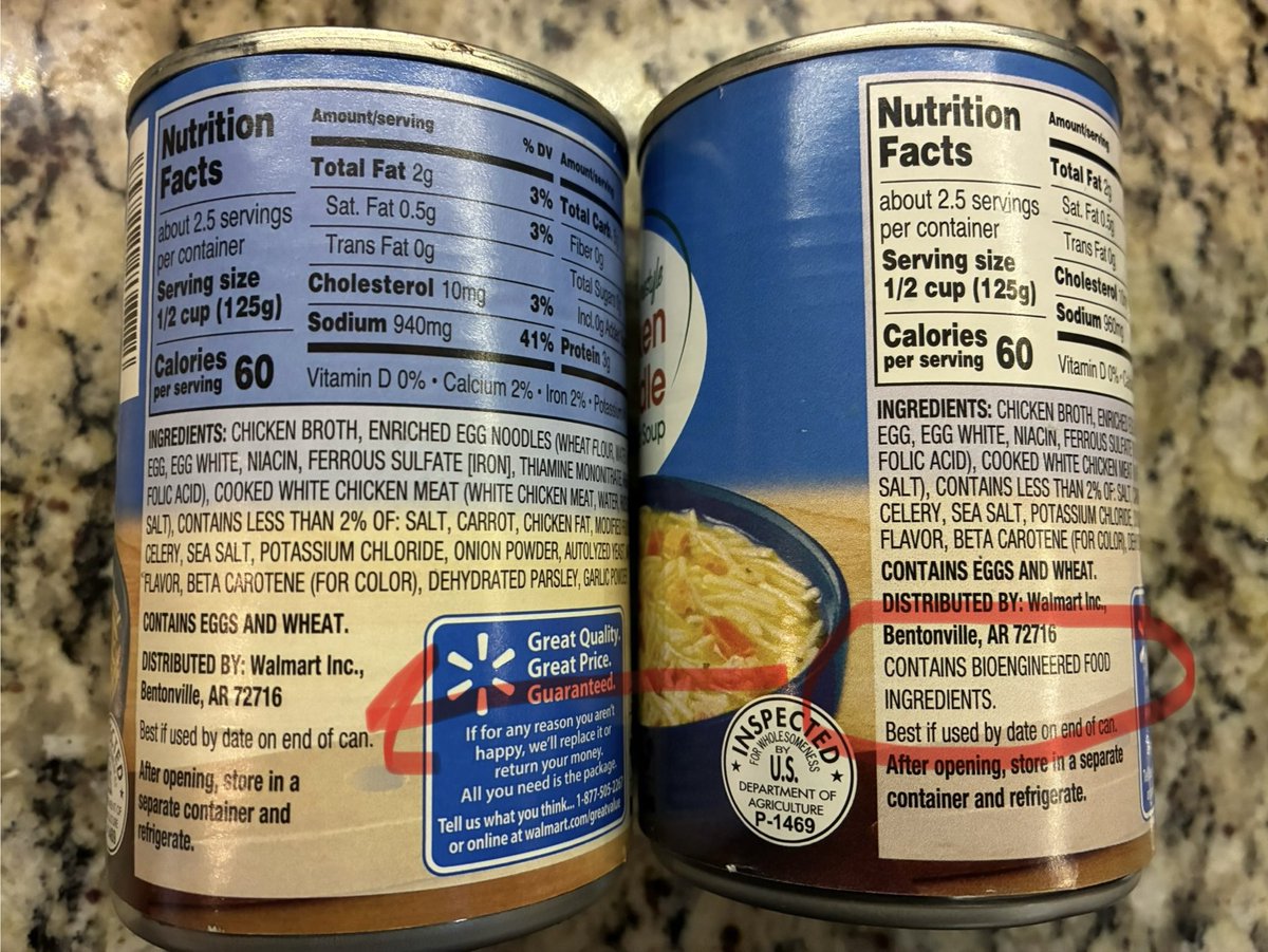 DavidLNichols's tweet photo. While cleaning out the pantry, I realized I had two cans of homestyle chicken noodle soup from Walmart. The newer can includes bio engineered ingredients. The older can doesn’t. @Walmart  can we get this crap out of our food? It was also in several other great value brand cans. https://t.co/RcedAmMYbS