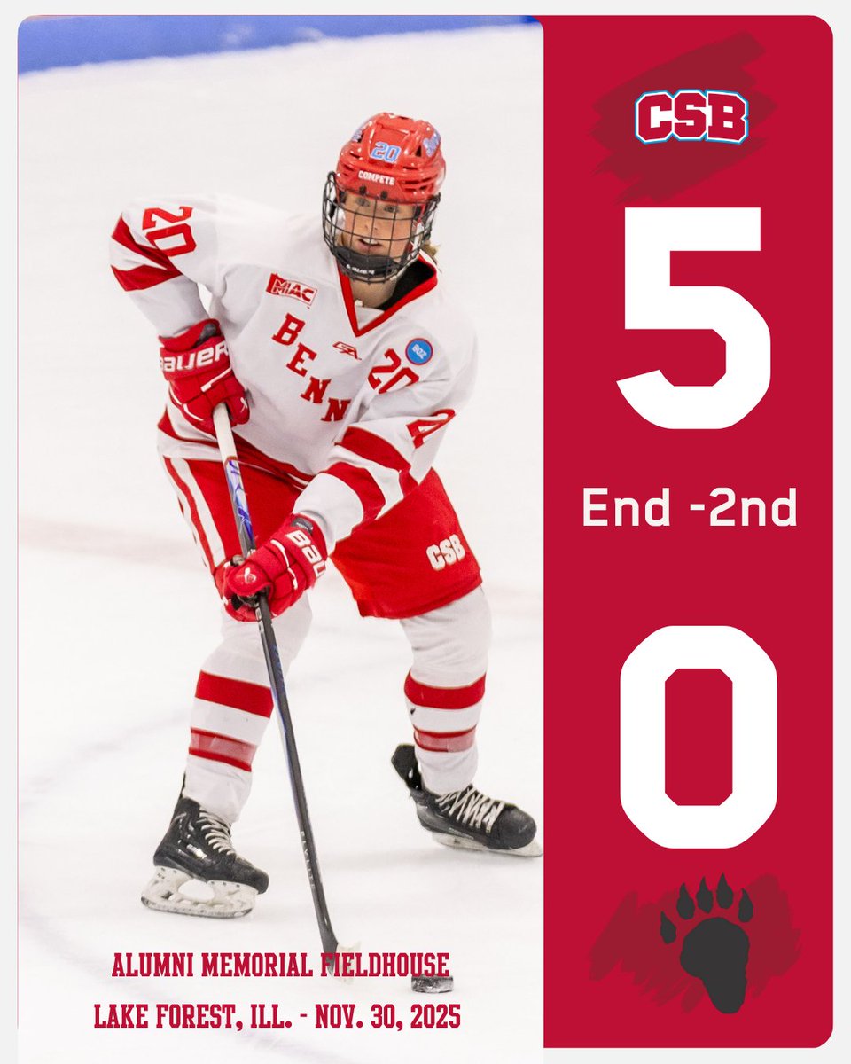 End - 2nd - Presley Kraemer has scored her first hat trick (3 goals) as <a href="/csbhockey/">CSB Hockey</a> has a 5-0 lead over Lake Forest in nonconference play. Also in the second period, Ella Tuccitto has scored a goal.

#BenniePride | #D3hockey