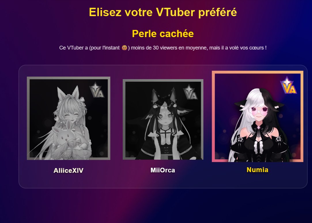 <a href="/Numia__/">Numia | Redébut Février</a> a été nominée au Vtuber Awards FR!!!
VOTEZ BIEN VOTEZ NUMIA!!!!!
QUE DU LOVE!!!