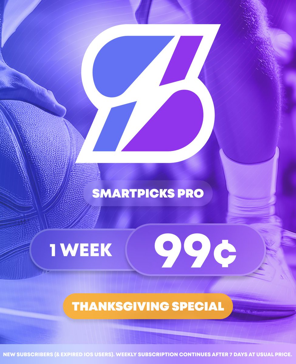 SmartPicksPro's tweet image. Sunday&apos;s 8-game NBA Slate Tips Soon 👀
Build your bet with SmartPicks 📊

Unlock Sunday&apos;s Mismatch sheet, Top Rated PRA &amp;amp; more with SmartPicks Pro: flashpicks.bet/99

Use code THANKSGIVING and get your first week for 99¢ (limited time deal) 💸
