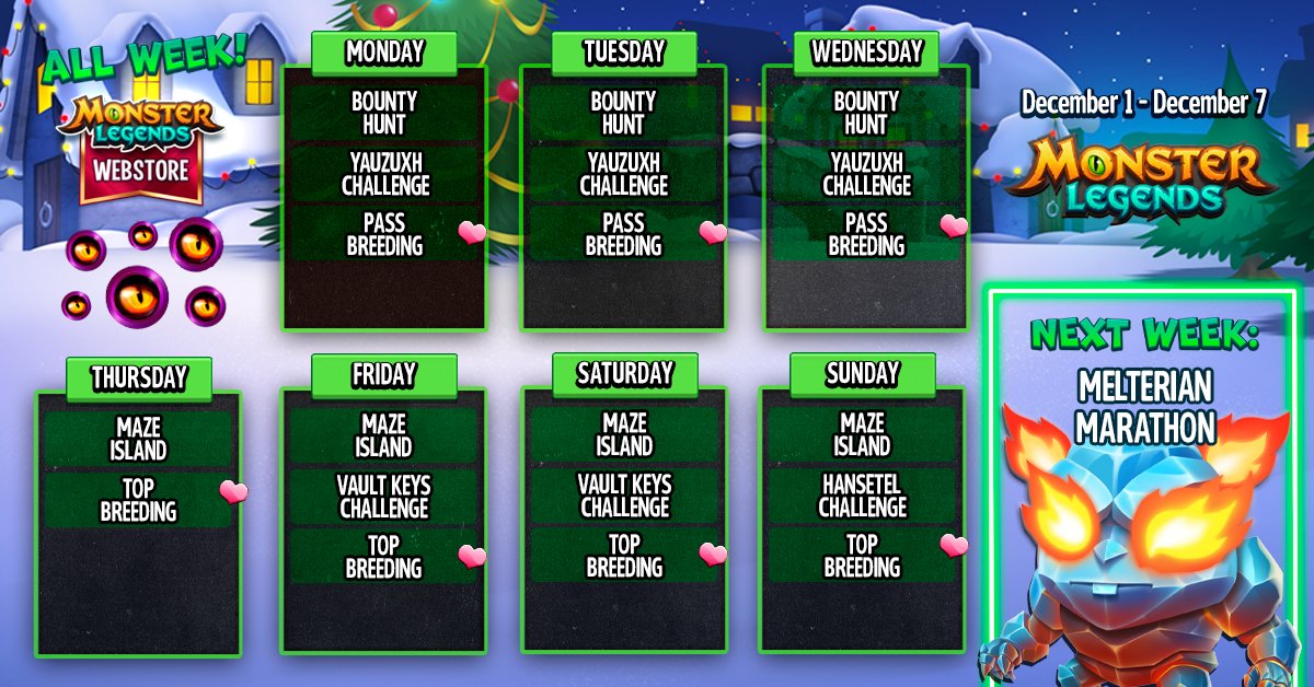 Happy Cyber Monday, Monster Masters! Are you ready for the results of Legend's Luck? We for sure are! But in the meantime, let's review this week's calendar together. And don't forget to claim your Webstore Daily Gift and Daily Streak! 🎁➡️ rebrand.ly/ML/GoToWebstore
