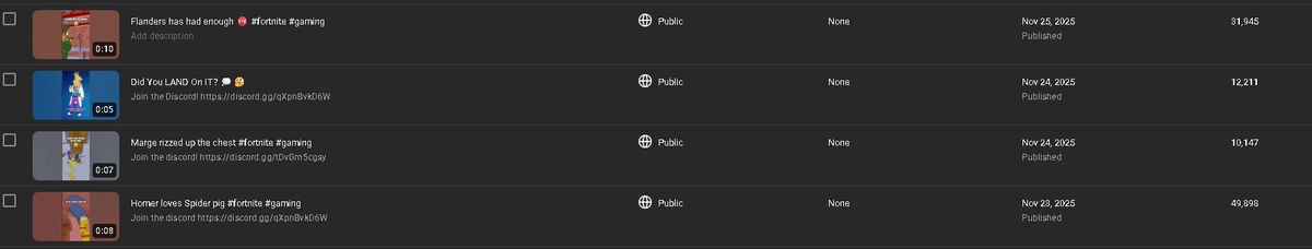 PulsiveFN's tweet photo. @TeamYouTube No like I am not sure why my shorts are not valid. I am creating fortnite shorts and I am talking about the last 90 days aswell. It is also "showing data as of: Nov 25, 2025" I just showed some vids which should be counted as I just started posting again but they are not counted. https://t.co/cQEB9f7PAL