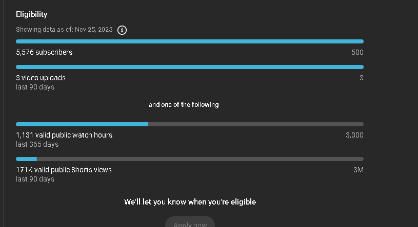 PulsiveFN's tweet photo. @TeamYouTube No like I am not sure why my shorts are not valid. I am creating fortnite shorts and I am talking about the last 90 days aswell. It is also "showing data as of: Nov 25, 2025" I just showed some vids which should be counted as I just started posting again but they are not counted. https://t.co/cQEB9f7PAL