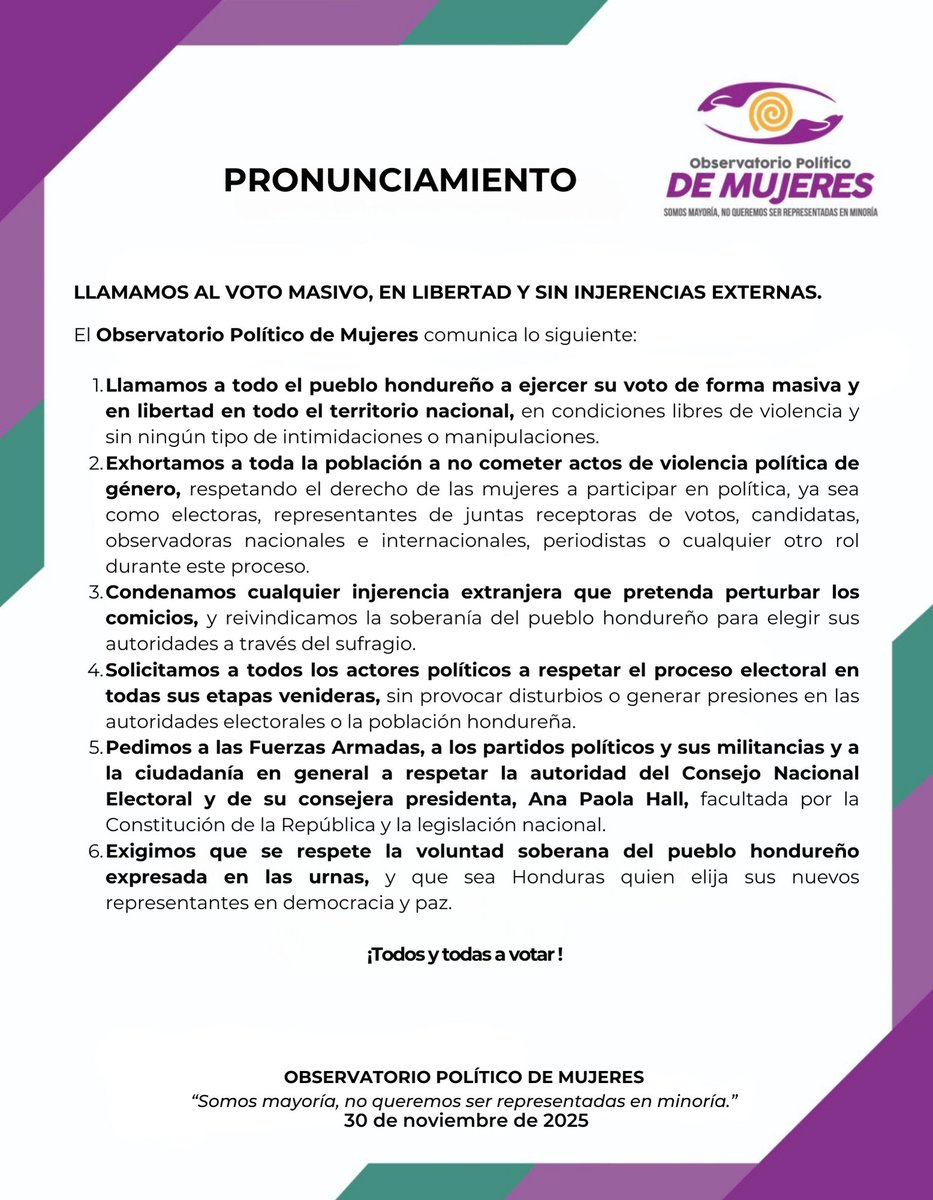 El Observatorio Político de Mujeres llama a la ciudadanía a acudir a las urnas para hacer prevalecer su voluntad, libres de violencia política de género. ¡Por nuestra Honduras, vamos todos y todas a votar!

#ObservatorioPolíticodeMujeres 
#EleccionesHN
#NoMásViolencia