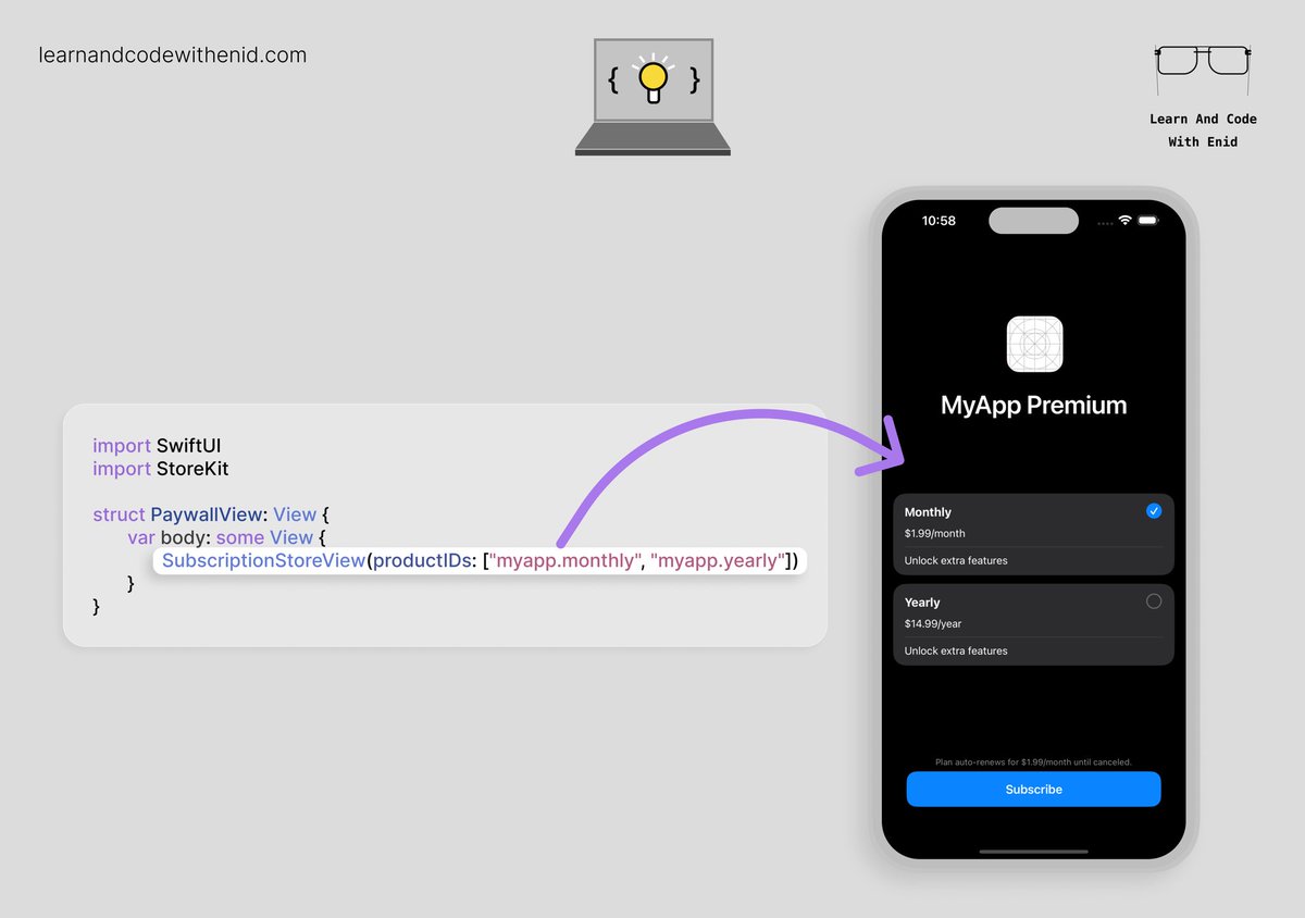 ios_dev_alb's tweet image. SwiftUI Tip 💡

Did you know? StoreKit lets you present a full paywall with all your subscription plans using just a single line of code.

→ learnandcodewithenid.com
