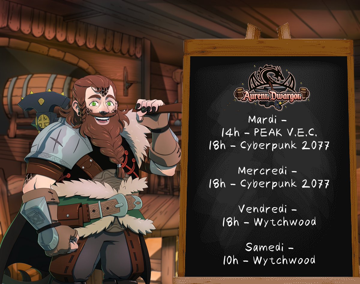 AurennDwargonVT's tweet image. 🐲 PLANNING DE LA TAVERNE 🍻

•Mardi - PEAK V.E.C. / Cyberpunk 2077
•Mercredi - Cyberpunk 2077
•Vendredi - Wytchwood
•Samedi - Wytchwood

Cette semaine enfin le retour en stream !
On va aussi parler de beaucoup de choses Mardi !

#vtuber #vtuberfr