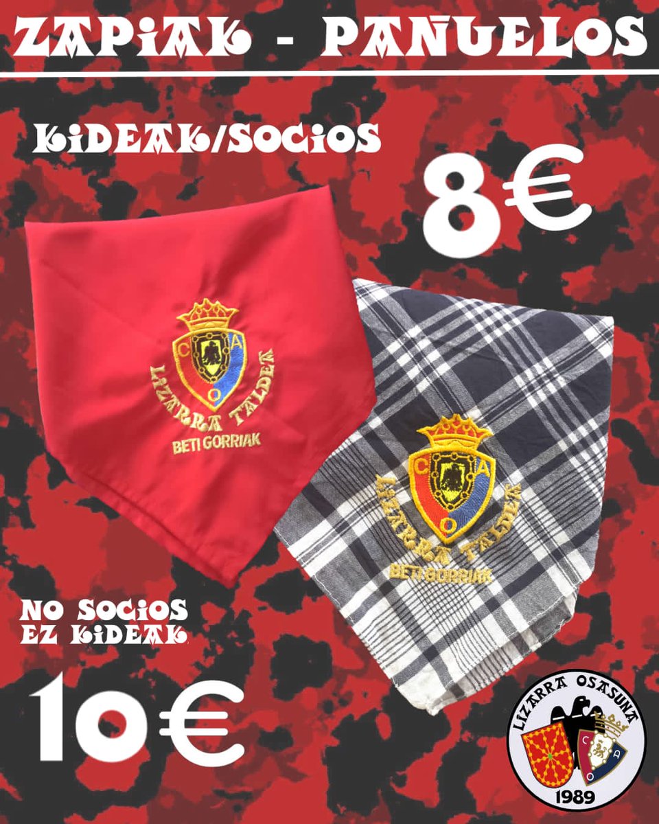 LizarraMaterial's tweet photo. ZAPIAK-PAÑUELOS

Socios 8€
No socios 10€
A la venta en el puesto en próximos partidos

Kideak 8€ 
Ez kideak 10€
Salmenta postuan hurrengo partidetan https://t.co/A2FJ9reU3A