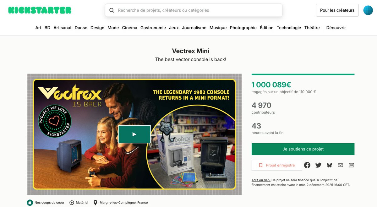 Le million d'euro! Wow! C'est magique, merci à tous pour votre soutien. Tout cela m'engage vraiment à faire la meilleure <a href="/VectrexOn/">Vectrex Official</a> Mini possible !