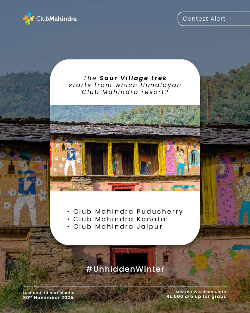 clubmahindra's tweet image. ❄️ #ContestAlert - The 16th contest.
#UnhiddenWinter with #ClubMahindra

Get ready to enjoy the winter season with 16 exciting questions and a chance to win Amazon vouchers worth ₹500 each!

☃️ How to Participate:
1️⃣ Comment below with your answer using #UnhiddenWinters and…