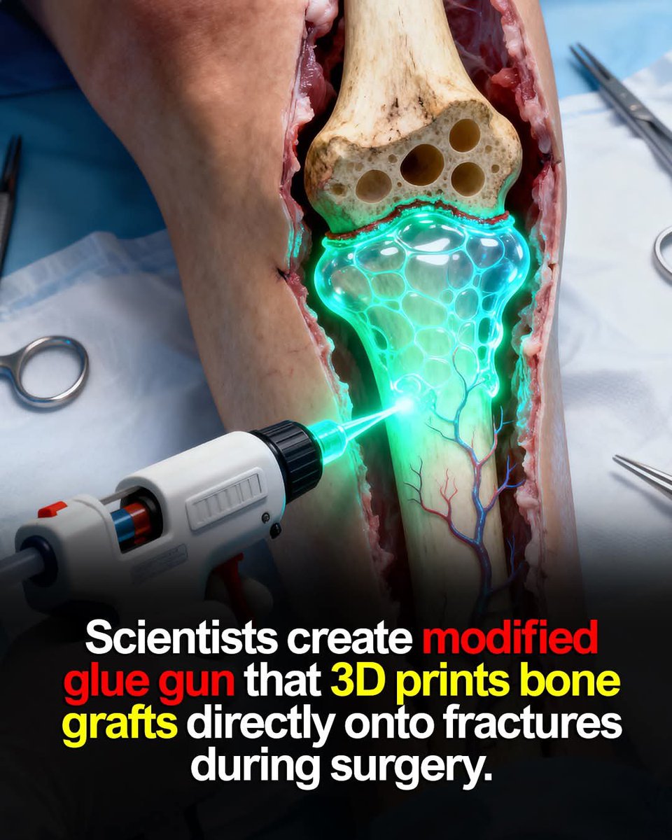 ShiningScience's tweet image. Imagine a hot glue gun not just for arts and crafts but also for repairing broken bones in real-time during surgery. Scientists have developed a modified glue gun that can 3D-print bone-like material directly onto fractures. This innovation allows surgeons to create custom bone…