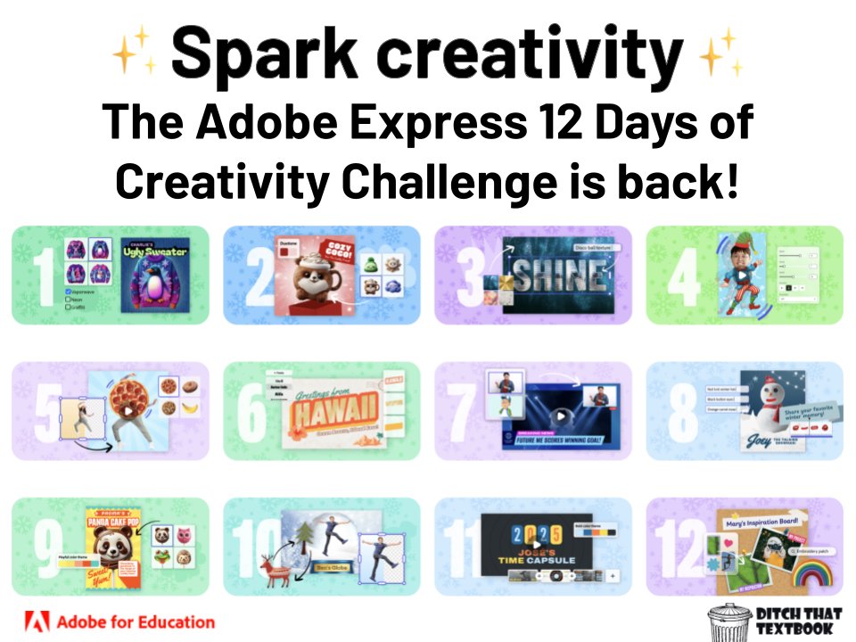 jmattmiller's tweet image. Ready to spark classroom creativity this season?

Check out the @AdobeExpress 12 Days of Creativity! Daily challenges, student-friendly tasks, and festive fun—perfect for grades K–12.

Let the creativity countdown begin! 🎨🎄
ditchthattextbook.com/adobe-12-days-…

#AdobeExpress…