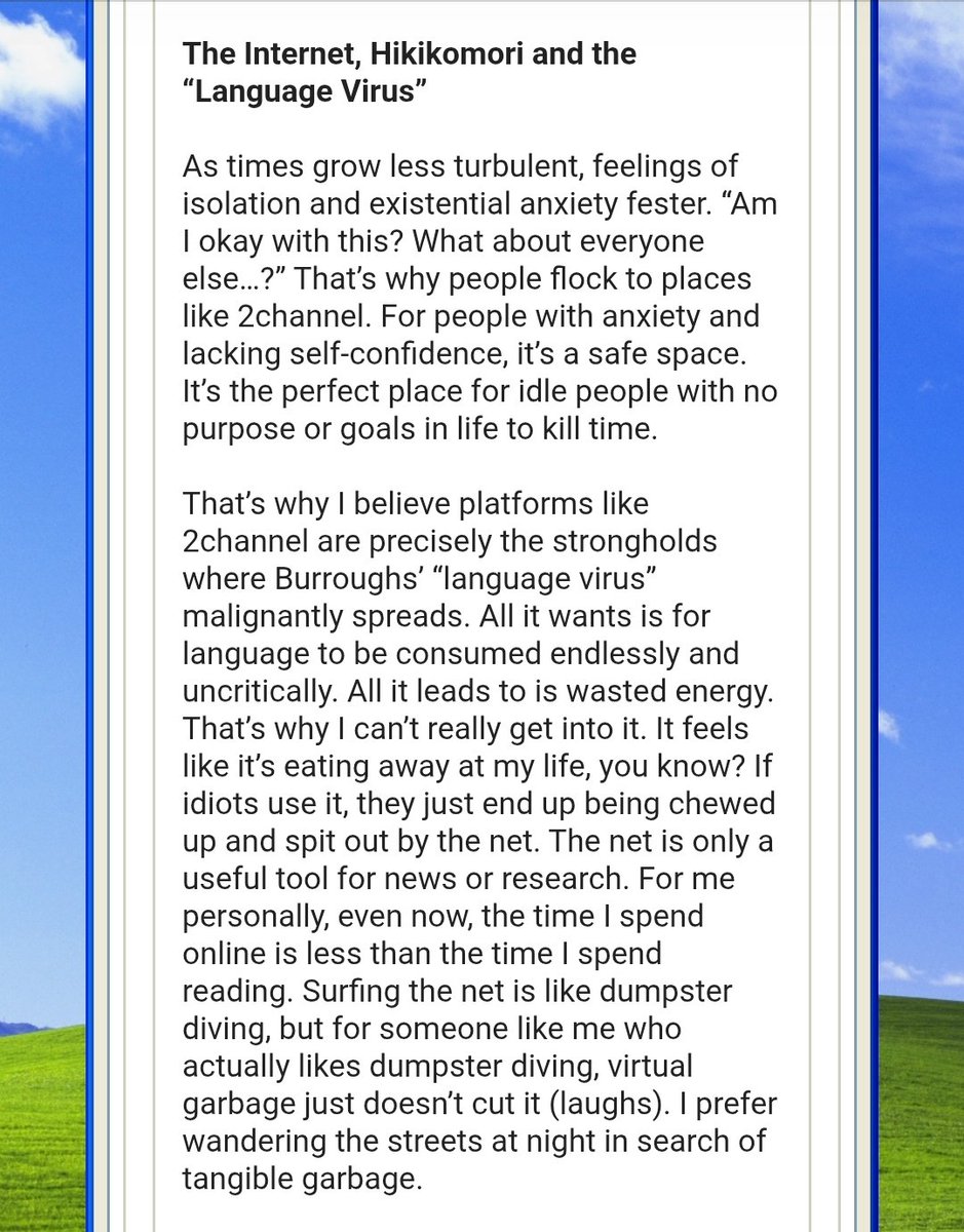 new translated article up by murasaki hyakuro (one of the founding fathers of denpa-kei) about subculture, hikikomori, the content slop economy, and kichiku-kei!
🔗: denpaarchive.neocities.org/kichiku-kei