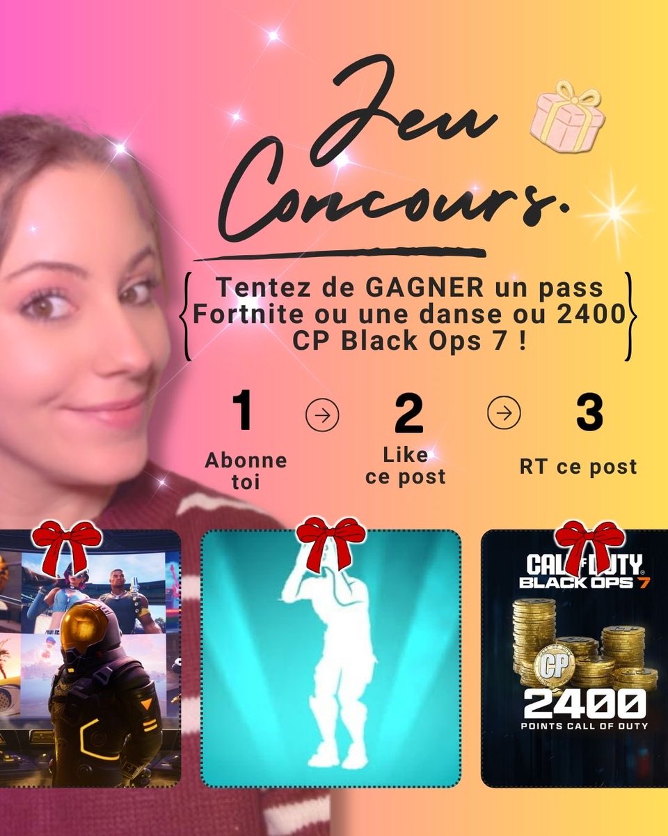 SoMallaury's tweet photo. 🚨 Concours ! ‼️

Tente de gagner soit:
- Un pass Fortnite ou une danse 
- 2400 CP sur BO7 (Battlenet)

Pour participer:
✅ Follow @SoMallaury et Twitch: https://t.co/2qJxQj9gLD
❤️ Like ce post
🔁 Retweet 

Met en commentaire ce que tu voudrais (1 seul choix)

TAS 4 Décembre 🍀 https://t.co/G6WB8CrDti