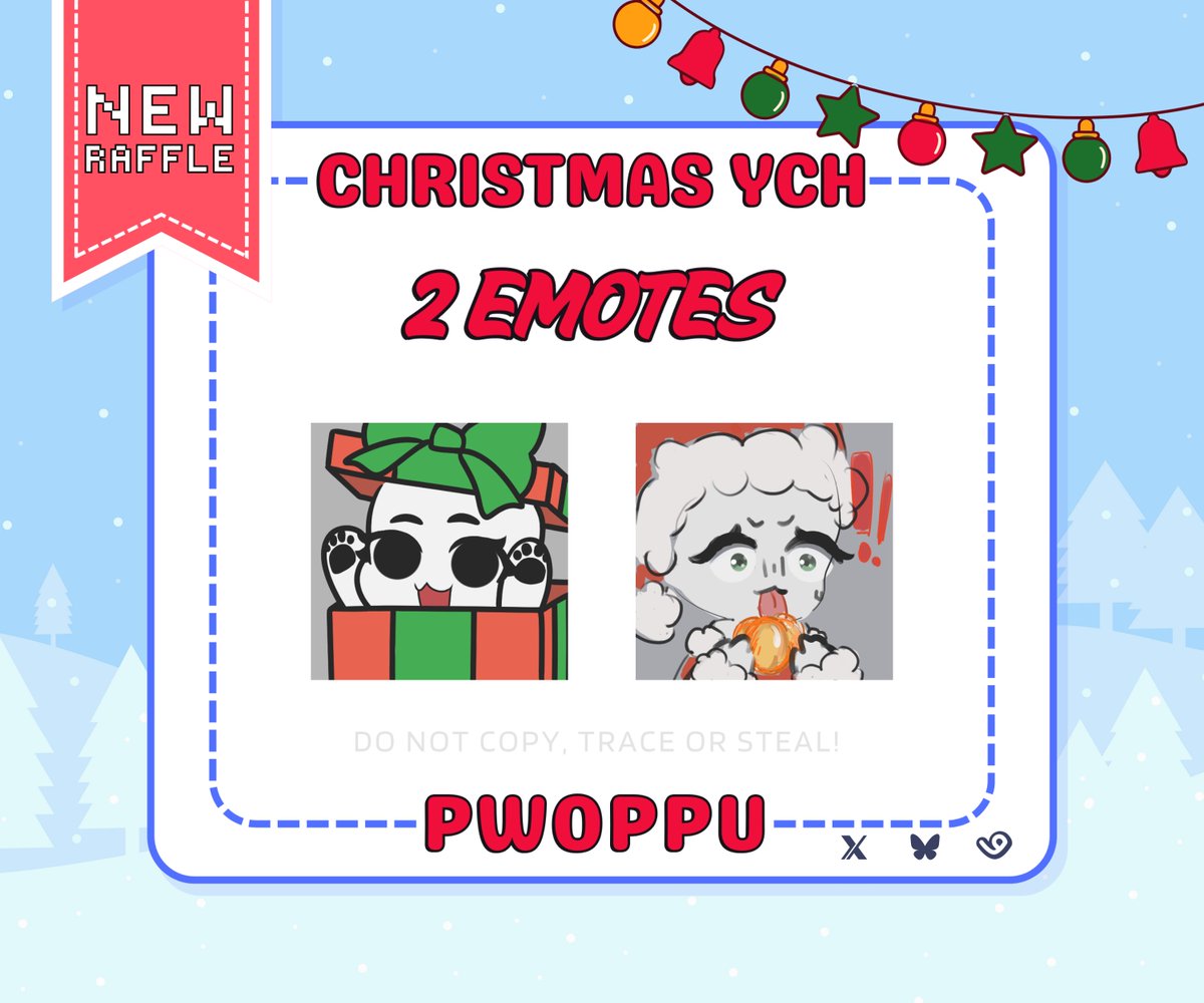 🎁 CHRISTMAS YCH EMOTE RAFFLE🎁
I just opened VGen and am hosting small giveaway to celebrate!

☃️2 Winners → 2 Custom YCH emotes

To enter:
❄️ You DON'T need to follow me.
❄️ Like and RT to participate! (no QRT)
❄️ Reply with your reference (optional) 

📅Ends on Dec 3, 2025
