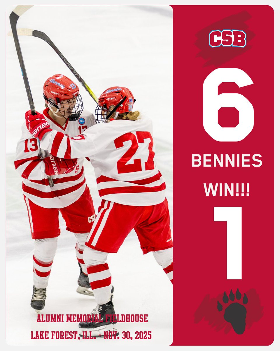 BENNIES WIN!!! Presley Kraemer had her 1st career hat trick (3 goals) while Ella Tuccitto, Emily Wendorf &amp; Helena Siska also tallied goals as <a href="/csbhockey/">CSB Hockey</a> (5-2) rolled to a 6-1 win over Lake Forest (6-4) on the road Sunday in Lake Forest, Ill.

#BenniePride | #D3Hockey