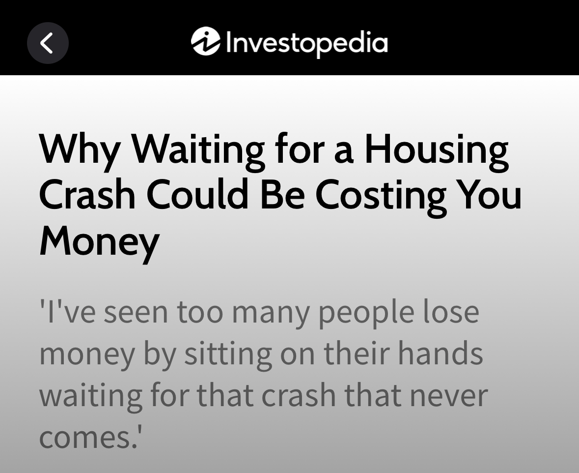 Funny to see this stuff hit the mainstream.  This was a top article in the Stocks app on iPhone.

The narrative battle is in full effect.  Buy vs. wait.

But only one side is timing the market.