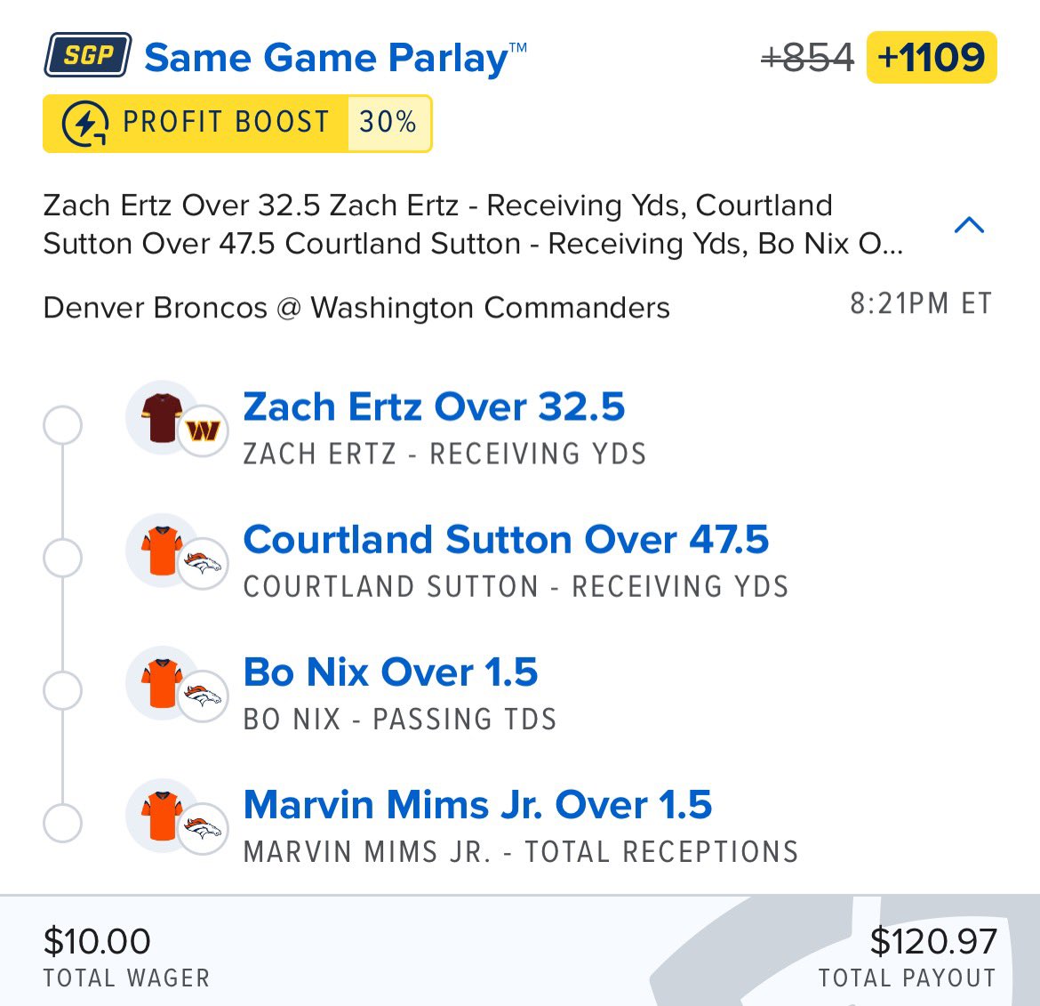 SmartPicksPro's tweet image. 🚀 +1100 Sunday Night Football SGP

$10 pays $120 if SP Scores can go 4/4. 🎯

Unlock All SmartPicks Scores for 99¢ with SmartPicks Pro: flashpicks.bet/99