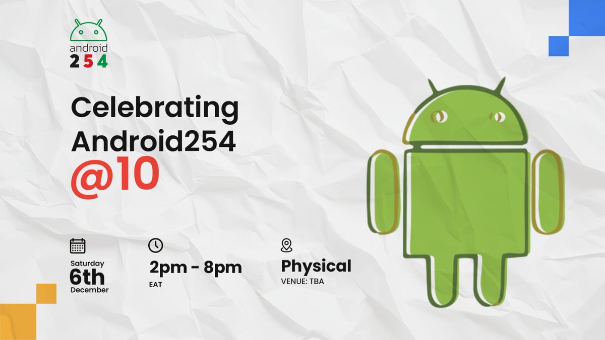 kotlinkenya's tweet image. 🎉 Celebrating @254androiddevs @ 10! 🎉
This Saturday, we mark a full decade of community, code, and incredible Android talent in Kenya!
Come hang out as we reconnect, network, share stories, and celebrate how far we’ve come.
📅 Dec 6th
⏰ 2pm – 8pm
RSVP:meetu.ps/e/PFqgt/Mncyd/i