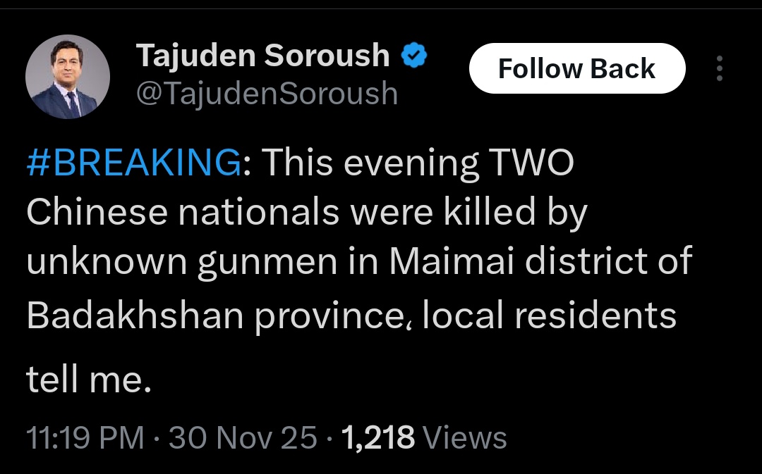 zarrar_11PK's tweet image. 🚨🇨🇳 | Two Chinese Nationals Killed in Badakhshan, Afghanistan 

Reportedly two Chinese citizens were killed in Maimi, Badakhshan, in an attack linked to the Taliban.

This comes just days after three Chinese workers were killed in Tajikistan in a drone attack launched from…