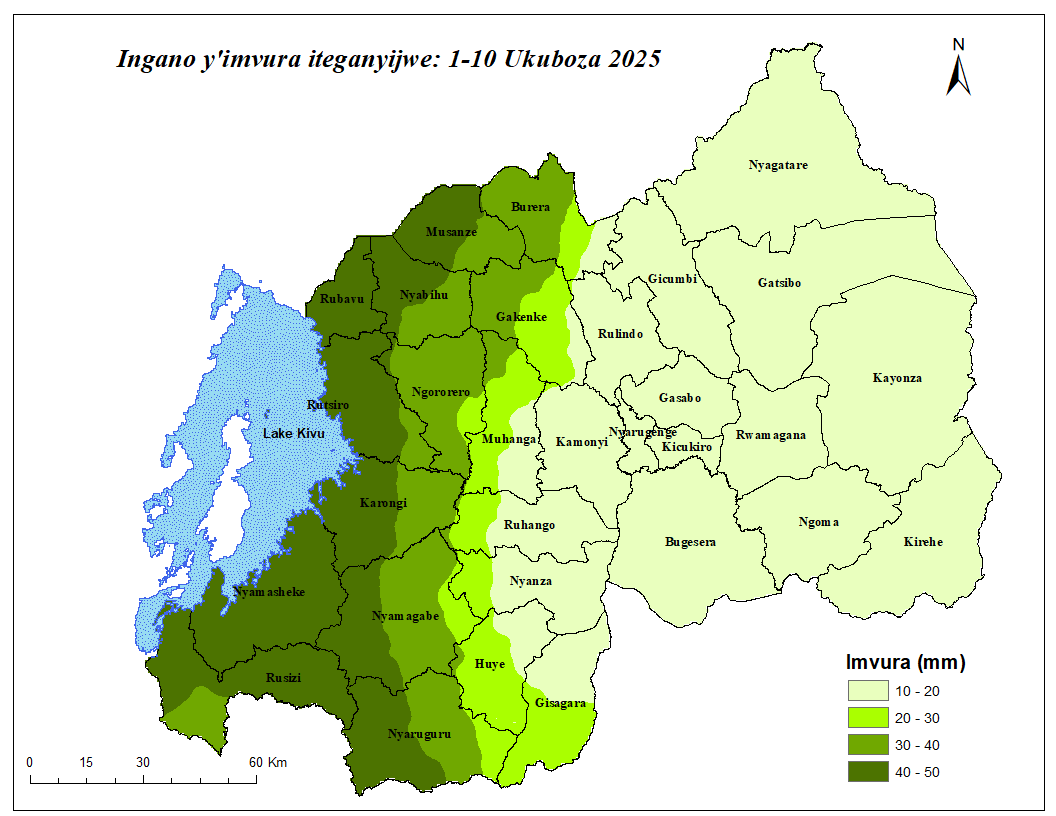 MeteoRwanda's tweet photo. ITEGANYAGIHE RY'IMINSI 10
🗓️1-10 Ukuboza 2025
Mu🇷🇼hateganyijwe:
🌧️Imvura iri hagati ya milimetero 10-50, ikaba iri hasi y’ikigero cy’impuzandengo y’isanzwe igwa muri iki gice.
🌡️Ubushyuhe bwo hejuru buzaba buri hagati ya dogere Selisiyusi 19-31.⏩https://t.co/pnDly8Y4HL https://t.co/3WOsYRufJ7