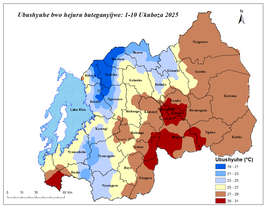 MeteoRwanda's tweet photo. ITEGANYAGIHE RY'IMINSI 10
🗓️1-10 Ukuboza 2025
Mu🇷🇼hateganyijwe:
🌧️Imvura iri hagati ya milimetero 10-50, ikaba iri hasi y’ikigero cy’impuzandengo y’isanzwe igwa muri iki gice.
🌡️Ubushyuhe bwo hejuru buzaba buri hagati ya dogere Selisiyusi 19-31.⏩https://t.co/pnDly8Y4HL https://t.co/3WOsYRufJ7