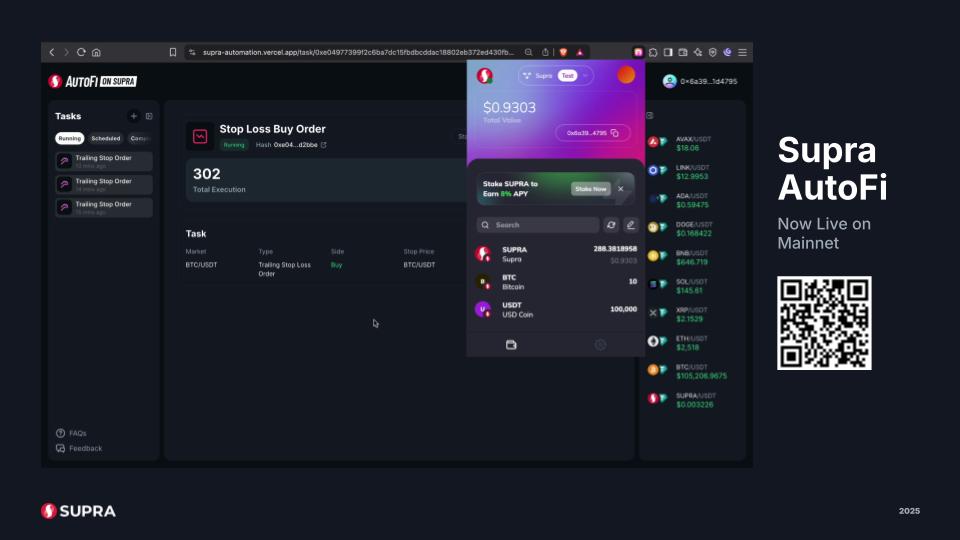 supracatalyst's tweet image. Automated Finance (AutoFi) is now live on mainnet.

Smart triggers, trailing stops, TWAP orders, automated rebalancing all on-chain.
No bots. No delays. No compromises.

If you want real on-chain execution, try AutoFi 👇
autofi.supra.com

#AutoFi #TradingTech #Web3