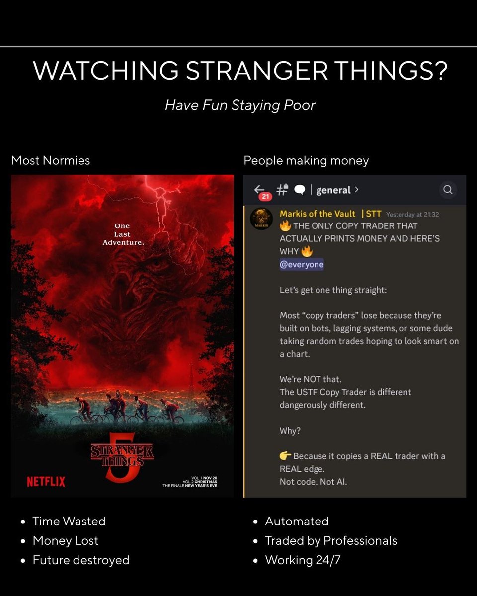 WATCHING STRANGER THINGS? 

HAVE FUN STAYING POOR

Most people are wasting their time watching a shit show that doesn't make them a single dollar. 

While students inside the Vault Syndicate are already making money from the Copy Trader after we launched it yesterday.

OPEN ONLY