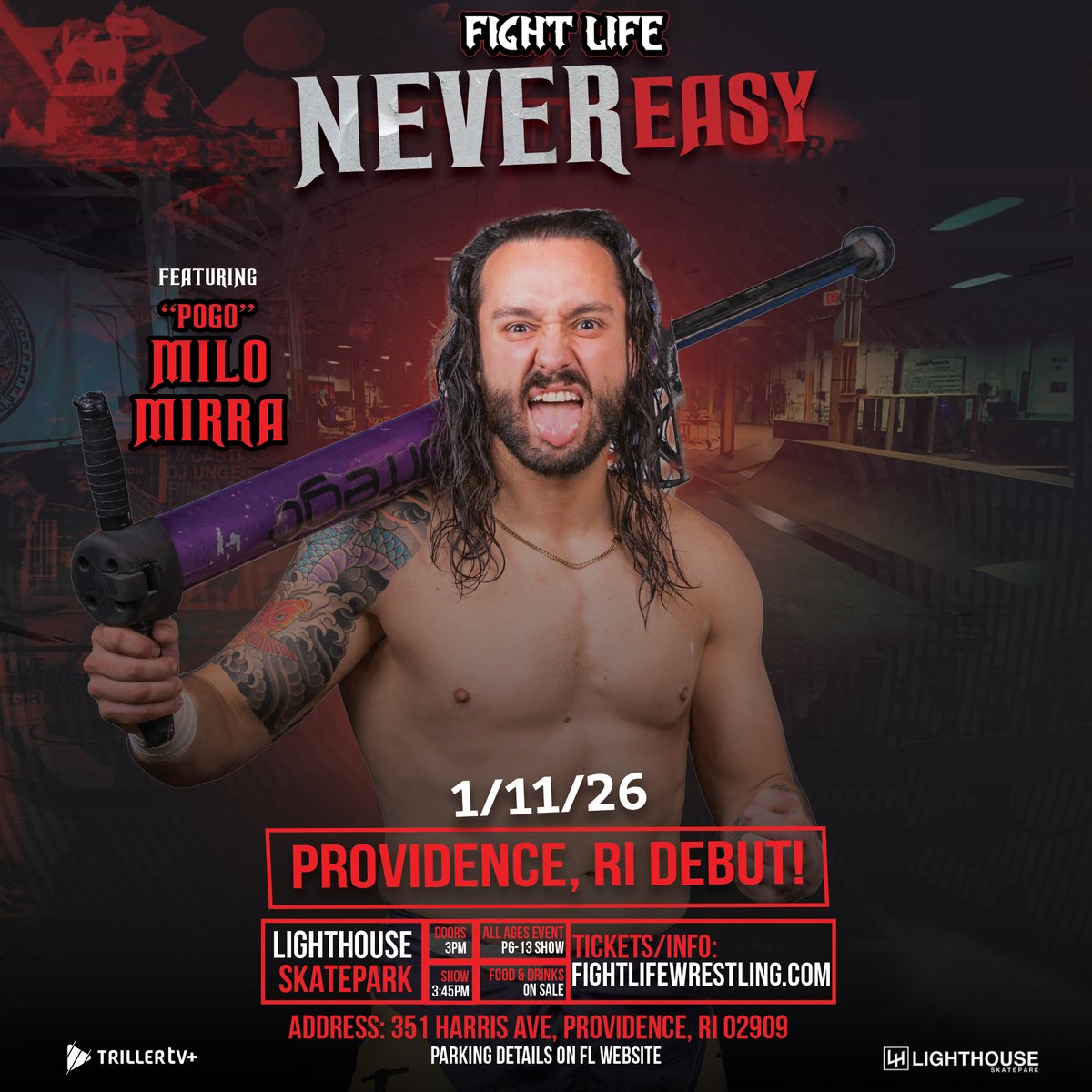 FightLifePW's tweet image. The Extreme Athlete “Pogo” Milo Mirra is no longer held back by low ceilings! He’s ready to take flight and show the FL faithful the full range of his athleticism and unorthodox style.

~ NEVER EASY ~
1.11.26 
Providence, RI

Early Bird Tickets On Sale
FightLifeWrestling.com