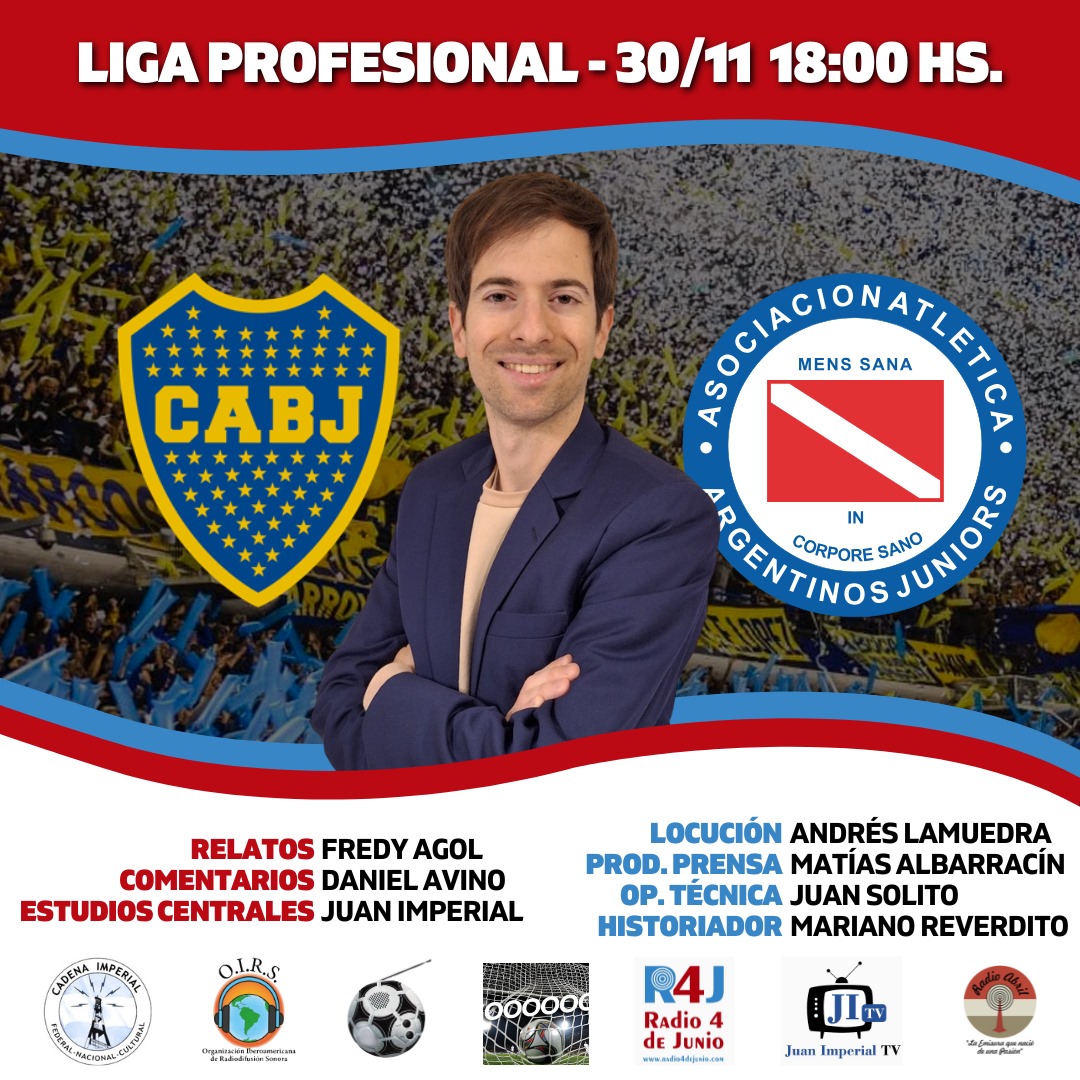 📌 @fpdelosarg - <a href="/PasiongolAR/">Pasión por el Gol con Fredy Agol</a> 
⏰ 18:00
⚽️ <a href="/BocaJrsOficial/">Boca Juniors</a> 🆚 <a href="/AAAJoficial/">Argentinos Juniors</a>
🏆 @ligaafa
🗣️ <a href="/FredyAgol/">Fredy Agol</a>
🎙️ Daniel Avino
📻 @Radio4deJunio, <a href="/juanimperialtv/">Juan Imperial TV</a>,  @CadenaImperial y <a href="/oirsarg/">O.I.R.S.</a>
💻 radio4dejunio.com - youtube.com/@JuanImperialtv