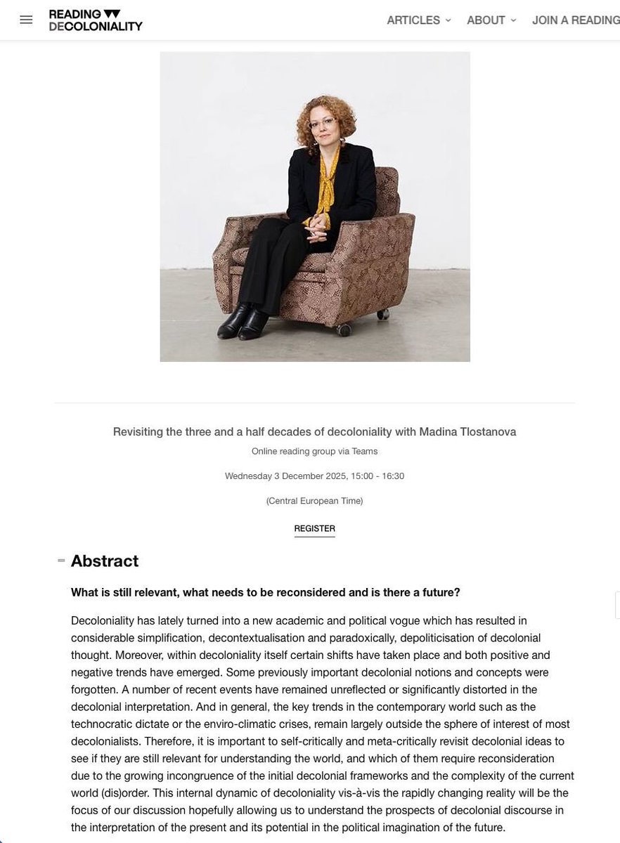 Join Reading Decoloniality this coming Wednesday 3 December , 2 pm GMT, with Professor of postcolonial feminism Madina Tlostanova on 'Revisiting the three and half decades of decoloniality'.

Register for the online event here: lnkd.in/gibGuzGp