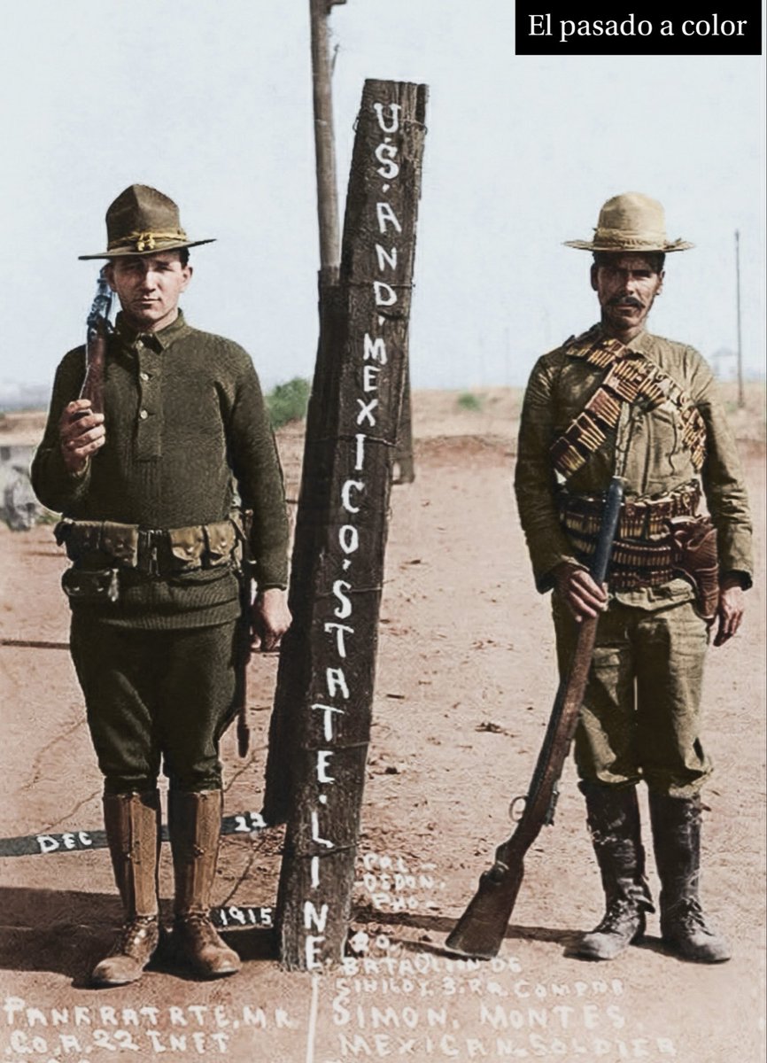 Soldado estadounidense y soldado mexicano (constitucionalista) en la línea divisora entre Douglas, Arizona y Agua Prieta, Sonora. Fotografía tomada en diciembre de 1915.

“La Revolución mexicana, que comenzó en 1910 y duró en diversos grados hasta 1920, de manera inesperada